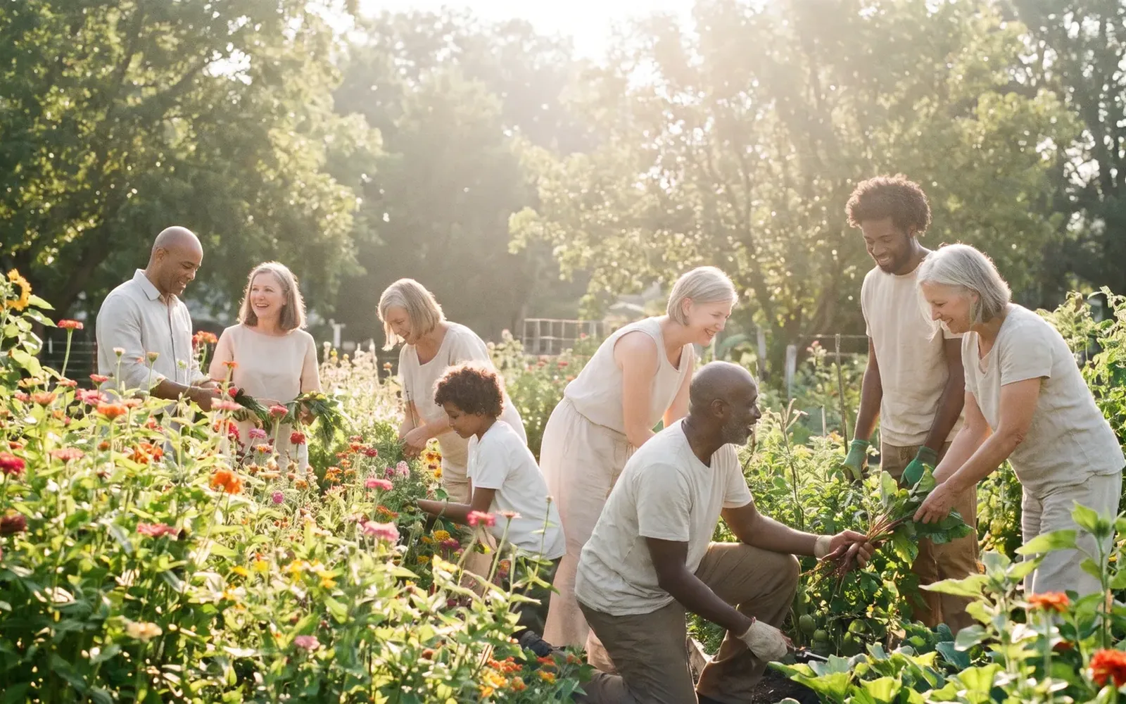 Volunteers working together in a community garden in the morning