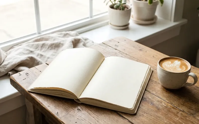 An open journal and a cup of coffee by a sunny window