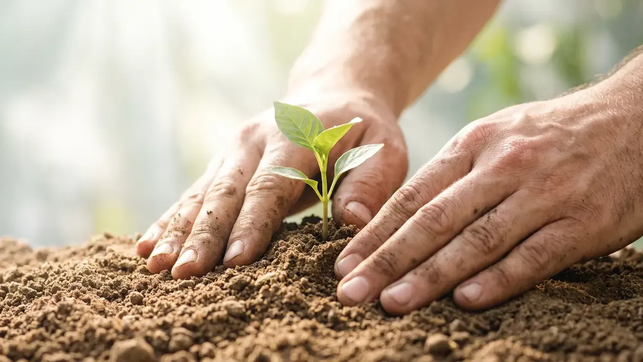 Hands pressing soil around a young seedling